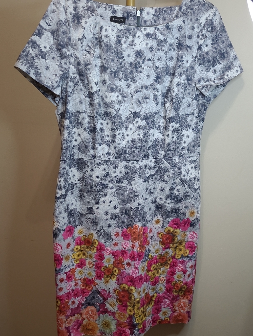Talbots Gray Floral Dress with Colorful Pink & Yellow Floral Design Size 12